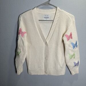 Fuzarka Girls Knit Cardigan Sweater With Butterfly Appliqué Long Sleeve Cream